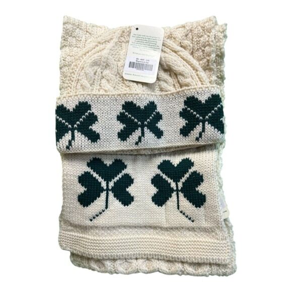 Aran Crafts Shamrock Scarf & Hat Set – 100% Merino Wool – Made in Ireland - Picture 1 of 9